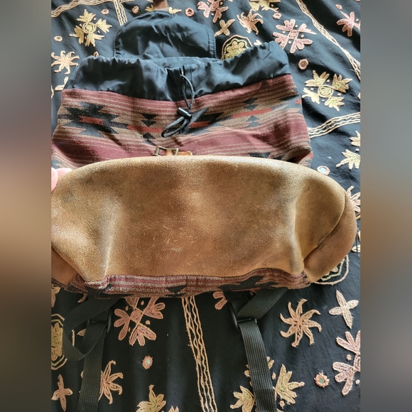 Vintage 90s Jansport Leather Aztec Backpack Burgundy Tan Black Made In USA - Picture 8 of 10